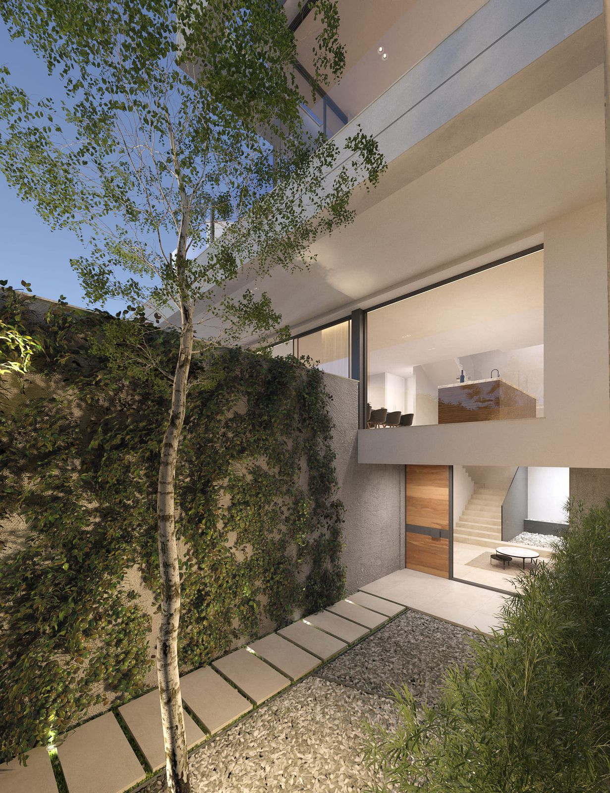 Moderne binnentuin met groene muur, boom, stenen pad en open interieurzicht.